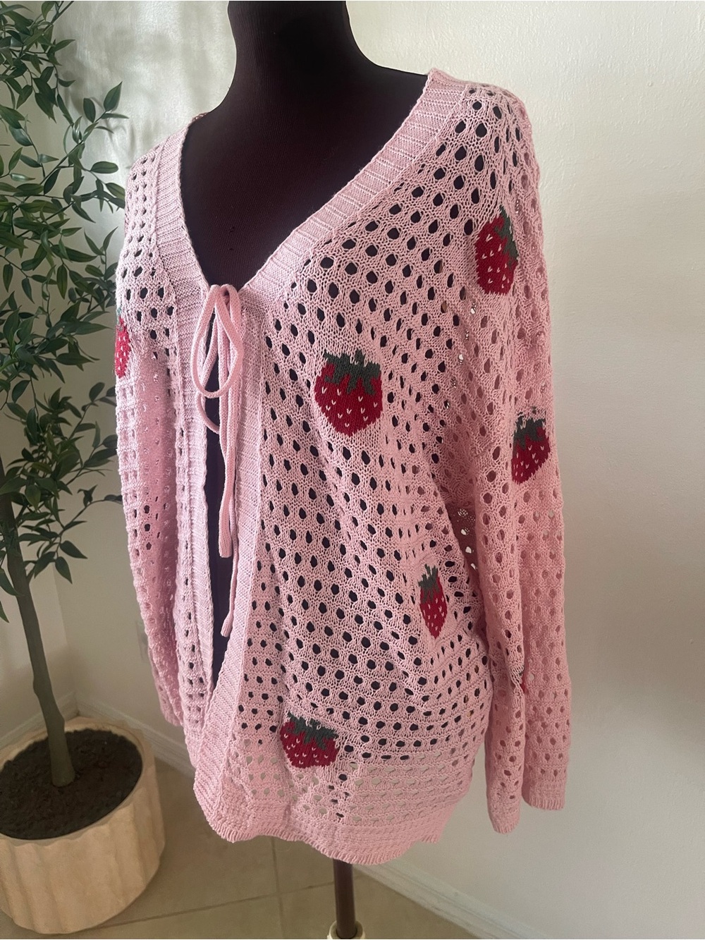 BloomChic Pink Crochet Tie-Front Strawberry Cardigan cozy sweater - Picture 3 of 7